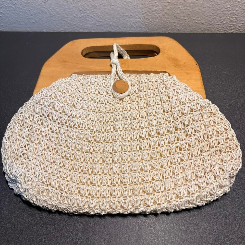 Handmade in the Philippines white/cream colored purse with wooden handle